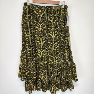 NY Collection Tiered Burnout Velvet Midi Skirt Size M Green Gypsy Boho Hippie
